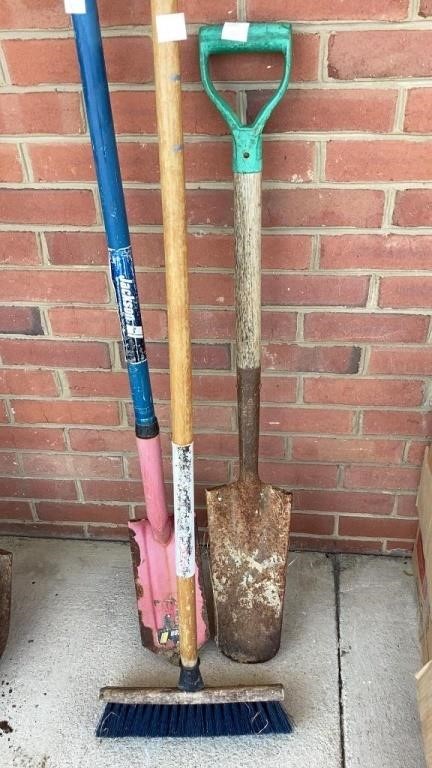 2 narrow shovel head tools and push broom