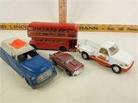 Corgi Bus, Hot Wheels car, box van, pickup truck