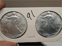 2 1991 silver american eagle dollar coins