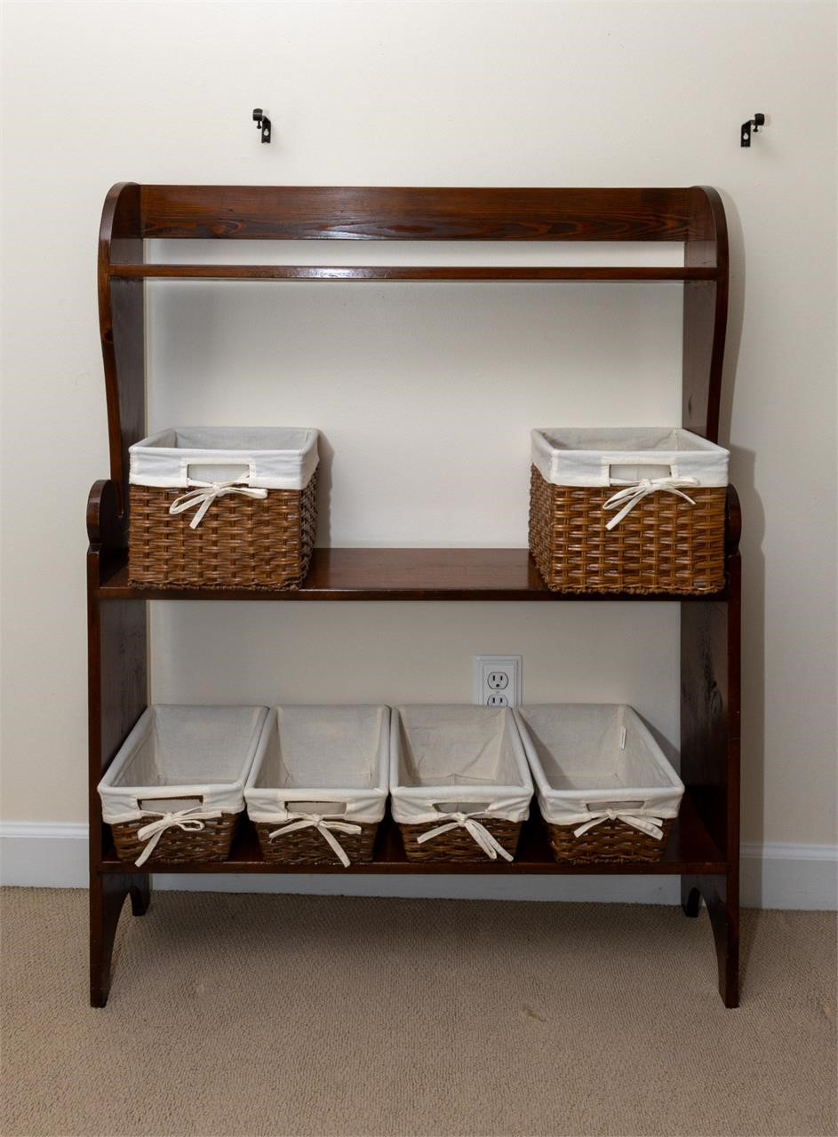 Primitive pine shelf with storage baskets