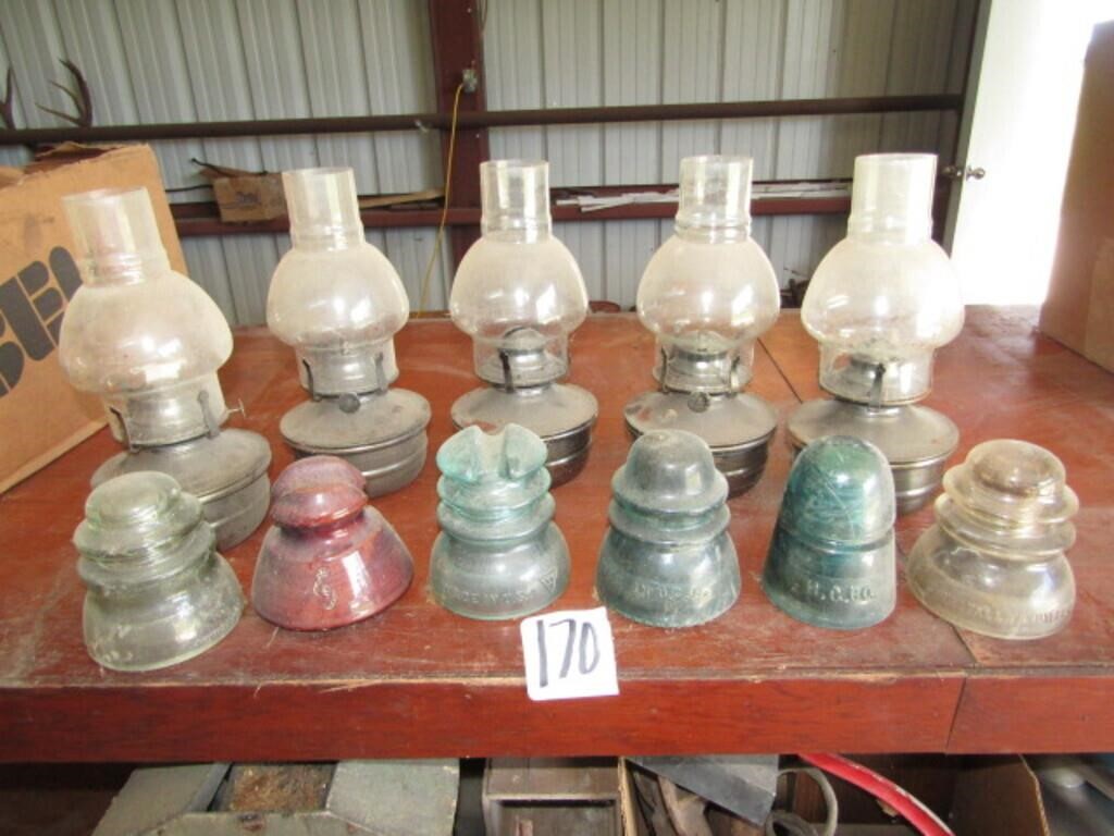 5 OIL LAMPS, 10+ VINTAGE GLASS INSULATORS