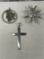 3 Sterling Silver Charms Sun, Cross, Peace Dollar