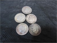 5 Silver Roosevelt Dimes 1946D -1950 -1963D -