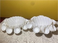 2 Milk Glass Shell Punch Bowl Sets