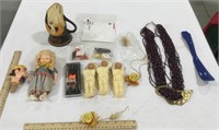 Necklace, doll & plastic figurines