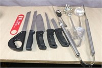 Assorted Knife Set, tongs, serving Spoons etc.