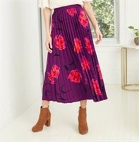 Women's Purple Floral Rose Print Pleated Skirt M