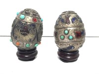 Pair Decorated Egg Forms on Stands