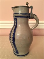 Cobalt salt glazed stoneware pitcher, with wire