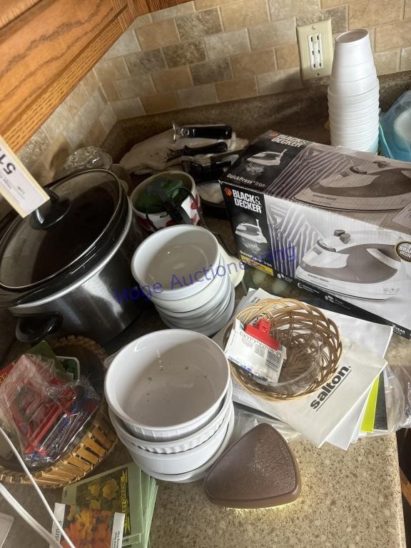 CONTENTS ON TOP OF COUNTER--IRON, COOKIE CUTTERS,