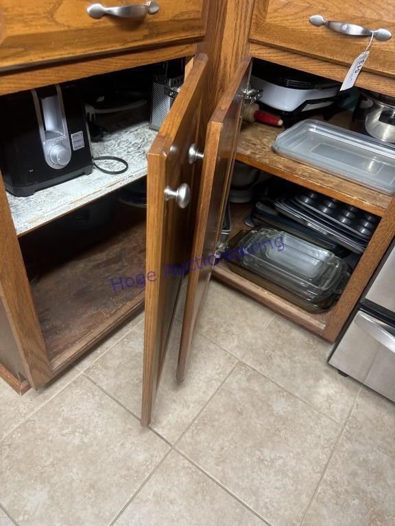 CONTENTS OF LOWER CUPBOARDS--PANS, GLASS CAKE