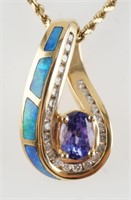 14K Gold Diamond Tanzanite Opal Pendant W/ Chain