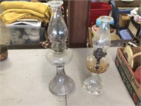 2 VINTAGE GLASS OIL LAMPS WITH CHIMNEYS