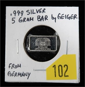 .999 Silver -5 gram bar by Geiger, Germany