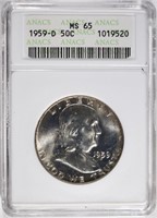 1959-D FRANKLIN HALF DOLLAR ANACS, MS-65 GEM