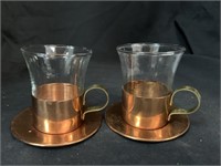PAIR OF COPPER & GLASS DEMITASSE CUPS & SAUCERS
