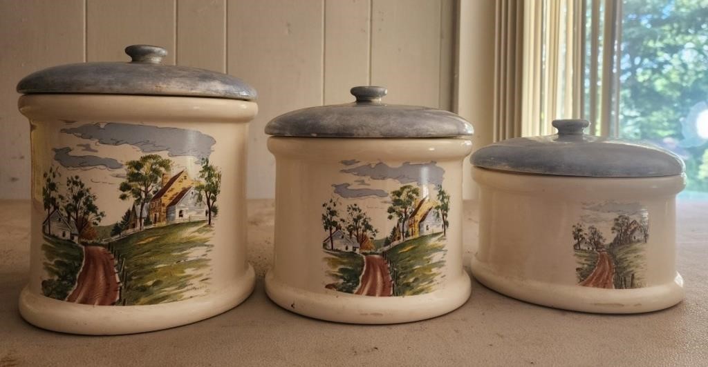 3 piece farm scene canisters ceramic blue lids