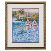 Boats in Harbor, color print, framed
