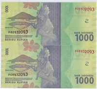 2 Indonesia 1000 Rupiah Identical Matching N. INA1