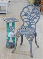 Metal Garden Chair and Carved Frog Pedestal.