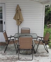 Glass Top Patio Table, 4 Chairs, & Umbrella