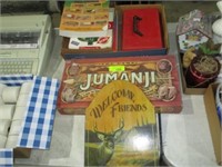 Jamanji game, box w/books, sign