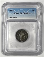 1868 Shield Nickel Good ICG G6 details