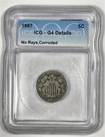 1867 Shield Nickel Good ICG G4 details