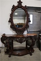 ANTIQUE CARVED HALL TABLE WITH MIRROR