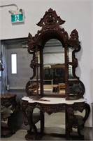 ANTIQUE CARVED MARBLE TOP HALL TABLE WITH HUTCH