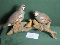 Hand Carved Pair of Quail & Chicks on Difttwood