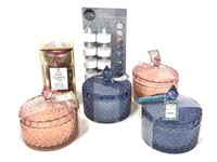 4 True Living Scented Candles w/ Candy Dish, Tins+