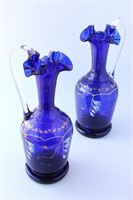 Pair of Edwardian Blue Glass Ewers,