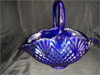 IRIDESCENT BLUE GLASS BASKET W/ REPAIRED HANDLE -