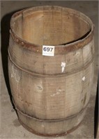 wooden nail keg, stack of baskets
