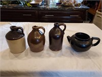 3 crock jugs & teapot