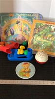 Vintage toys,cardboard puzzles, plaque and