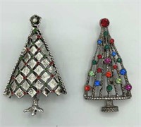 2 Christmas Tree Brooches Silver Tone Rhinestone