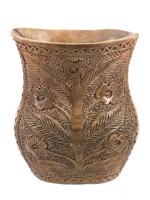 Vtg Handcarved Wood Vase w Floral Pattern