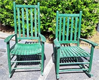 PAIR OF GREEN WOOD PORCH ROCKING CHAIRS