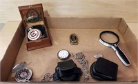 TRAY OF POCKET WATCHES, MONEY CLIPS, MISC