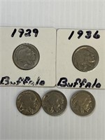 (5) Buffalo Nickels 1927-1936