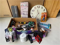 Box lot with Clock, scissors, glue, stapler, etc