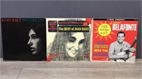 3 Record Albums Belafonte & 2 Joan Baez