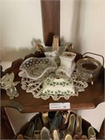 Shelf lot opalescent handle dish, trinket box