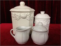Ceramic Sugar Bowl / Creamer & 2 Canisters