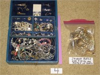 Costume Jewelry Lot in Chest, Plus Bag of Parts f