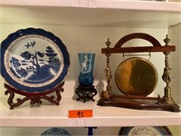 A Gong, Etched Glass Vase, and Decorative Plate