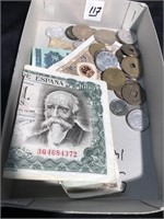 Box of foreign coins and currency