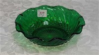 Vintage green glass candy dish with ruffled edges